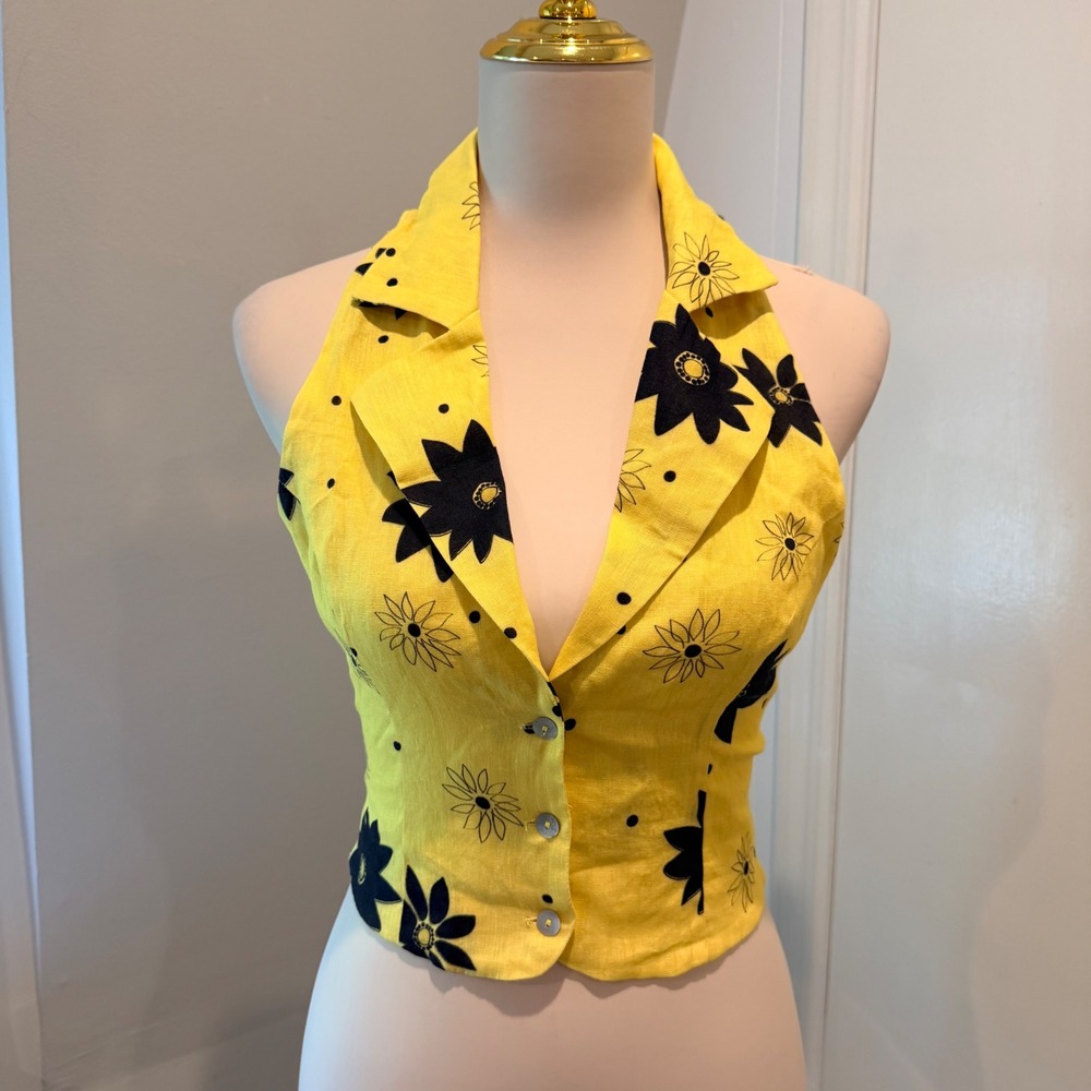 VRG GRL Yellow Floral Halter Top Back Tie Linen Vest | Size 6 NWT